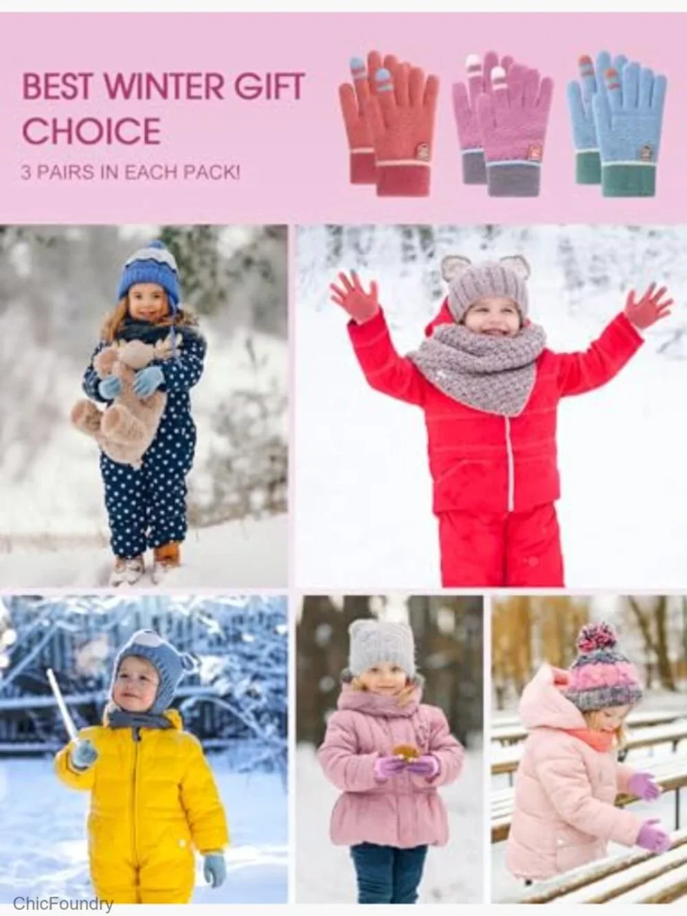 Kids Winter Gloves 3 Pairs Warm Wool Lined Toddler Thermal Knitted